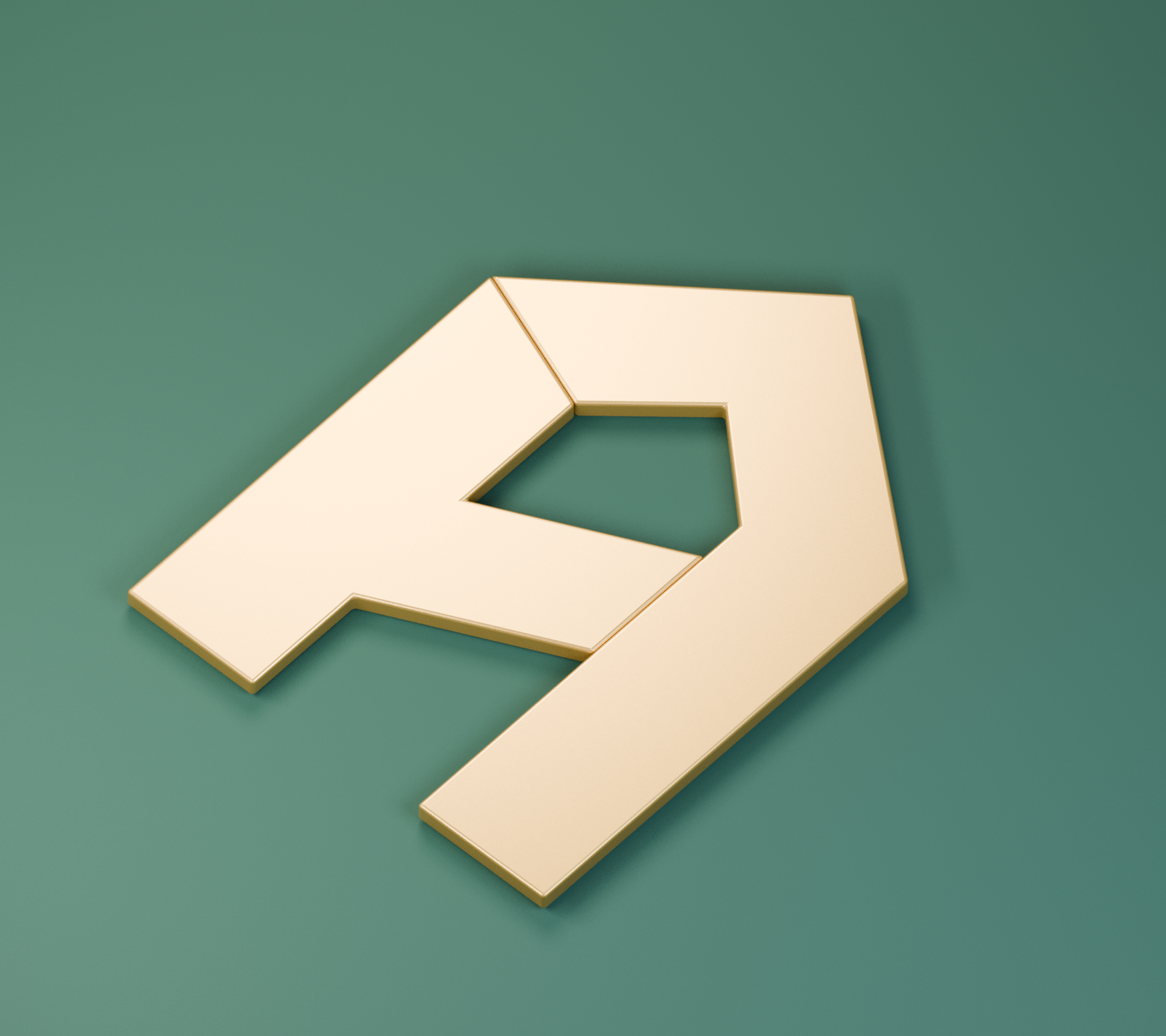 The same refined HomeRun emblem rendered as sculpted brass on a rich forest-green material.