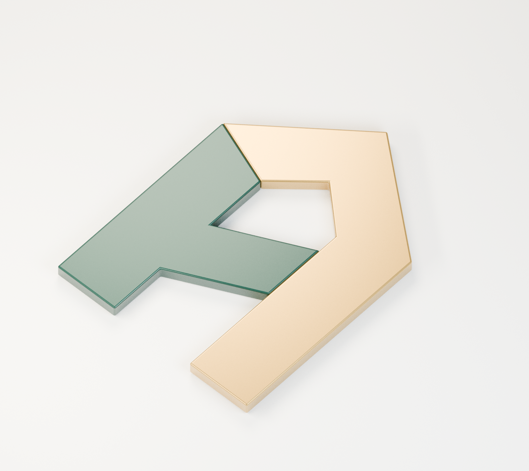 True 3D rendering of the refined, forward-leaning H: an integrated brass roof and right upright interlock with a forest-green H stroke, with softened machined edges and natural shadows.