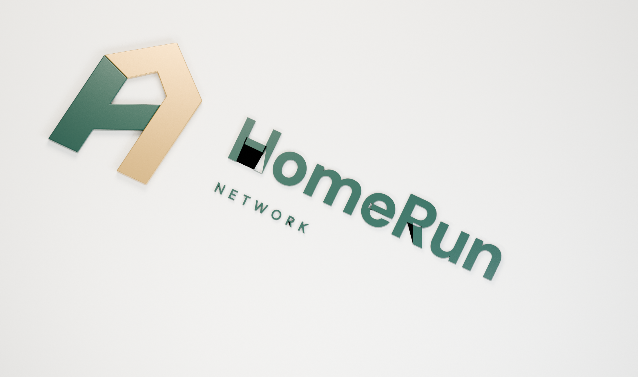 HomeRun Network as dimensional forest-green and brass signage on an ivory stone wall